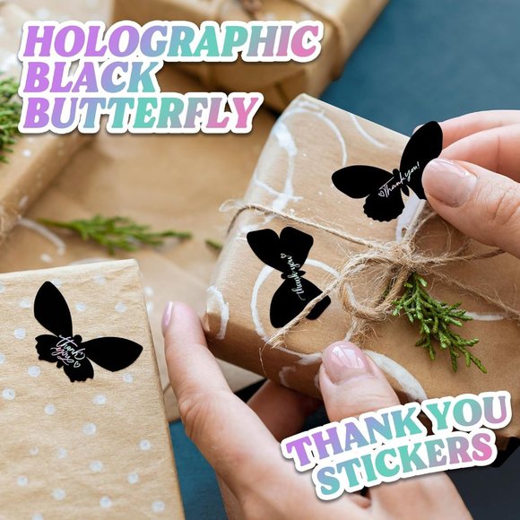 50 THANK YOU Stickers Black Holographic Butterfly 6 Designs Rainbow Foi… - Picture 3 of 7